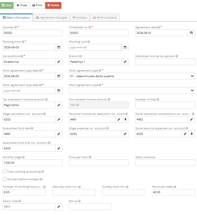 Filling employment contract data
